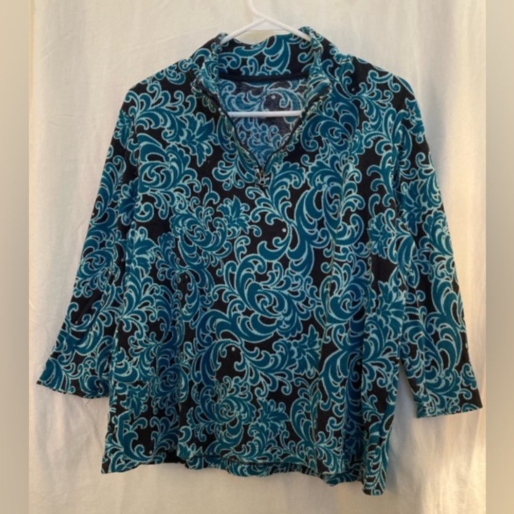 Blue Paisley Half Zip Collar Top 3/4 Sleeves Size XL